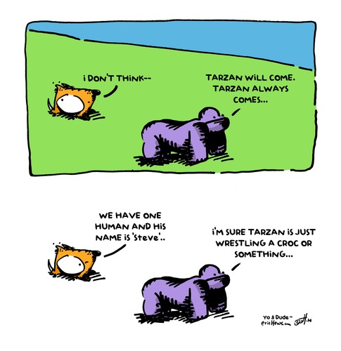 Cartoon: tarzan will come (medium) by ericHews tagged tarzan,gorilla,ape,hope,delusion,endangered,extinct