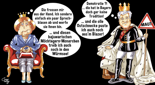 Cartoon: Queen Mutti vs. Kini Hoast (medium) by Suley tagged suley,union,soziale,christlich,koalition,freistaat,politik,kritik,partei,bayern,seehofer,horst,bundeskanzlerin,merkel,angela,csu,cdu