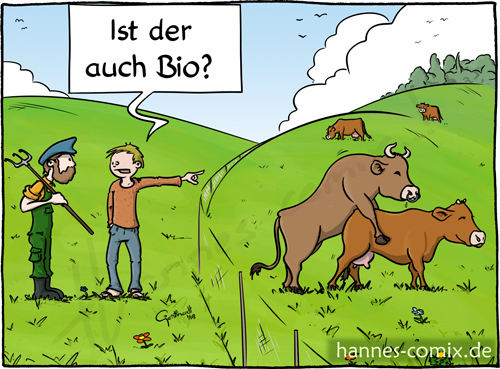 Cartoon: Bio (medium) by Hannes tagged bio,landwirt,bauer,kuh,weide,stier,fortpflanzung,landwirtschaft