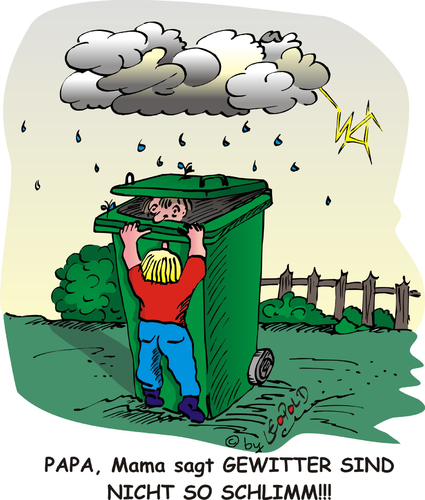 Cartoon: Gewitterangst (medium) by Leopold tagged schutz,blitz,versteck,regen,donner,gewitter,vater,sohn,tonne,grüne