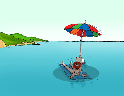 Cartoon: moretien (medium) by Lubomir Kotrha tagged summer,the,sea,holidays,summer,the,sea,holidays,sommer,meer,strand,sonnenliege,sonnenschirm,alleine,einsam,blau,sonne,sonnenschein,insel,schatten,koffer,frau