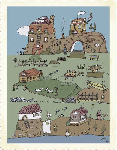 Cartoon: Zwischenland (medium) by zeichenstift tagged märchenwelt,bunt,kinder,fantasie,korn,grün,treppen,fahne,wolke,katze,weide,häuser,wasser,wimmelbild,zwischenland
