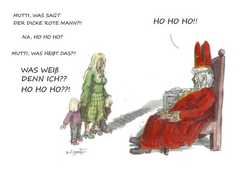 Cartoon: HO HO HO (medium) by Jori Niggemeyer tagged weihnachtsmann,nikolaus,hohoho,kinder,kindermund,niggemeyer,joricartoon,cartoon,weihnachten,rituale,feste,hinterfragen,fragen,kultur,amerika,europa,ho
