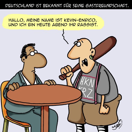 Cartoon: Gastfreundschaft (medium) by Karsten Schley tagged gastfreundschaft,deutschland,rechtsextremismus,politik,einwanderung,ausländer,tourismus,demokratie,neonazis,gastfreundschaft,deutschland,rechtsextremismus,politik,einwanderung,ausländer,tourismus,demokratie,neonazis