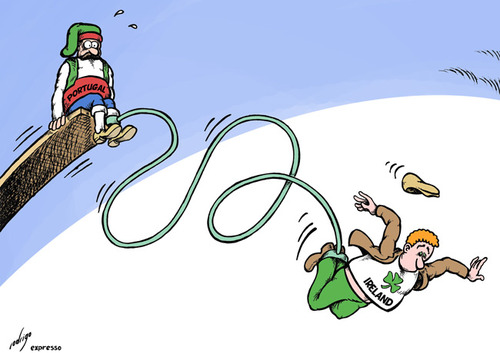 Cartoon: Crisis jumping (medium) by rodrigo tagged bailout,debt,jumping,bungee,recession,europe,union,european,eu,portugal,ireland,crisis