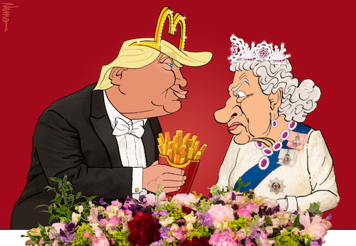 Cartoon: Pomp at Buckingham Palace (medium) by NEM0 tagged usa,potus,president,trump,england,london,queen,elizabeth,ii,buckingham,palace,uk,great,britain,pomp,mc,donald,fries,crown,tiara,bling,royal,reception,state,diner,fast,food,king,burger,windsors,nem0,usa,potus,president,trump,england,london,queen,elizabeth,ii,buckingham,palace,uk,great,britain,pomp,mc,donald,fries,crown,tiara,bling,royal,reception,state,diner,fast,food,king,burger,windsors,nem0