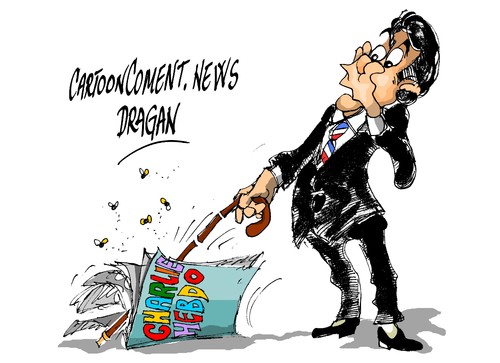 Cartoon: Charlie Hebdo-drama internaciona (medium) by Dragan tagged charlie,hebdo,aylan,al,kurdi,siria,refugiados,politics,cartoon