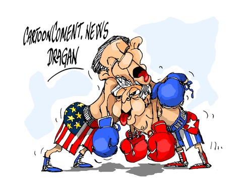 Cartoon: Estados Unidos Cuba acuerdo (medium) by Dragan tagged estados,unidos,cuba,barack,obama,raul,castro,cumbre,panama,politics,cartoon