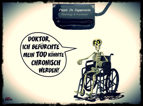 Cartoon: Praxis Dr. Zapperstein (medium) by Vanessa tagged psychiater,tod,psychologie,arzt,patient,satire,skelett,krankheit,psyche,neurologie