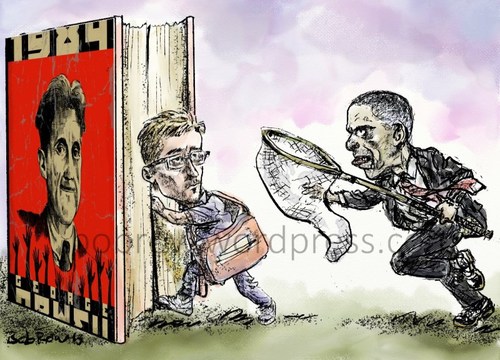 Cartoon: The other side of the nightmare (medium) by Bob Row tagged the,1984,survelliance,nsa,obama,snowden,orwell