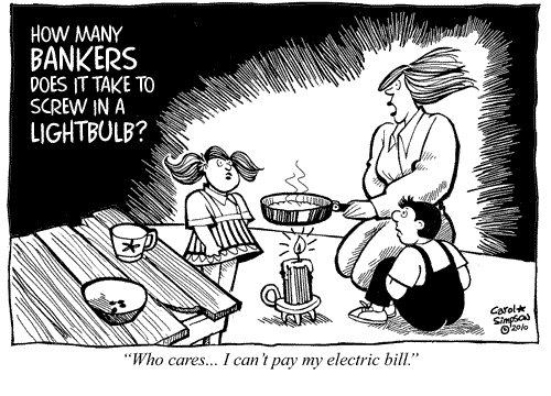 Cartoon: How many bankers? (medium) by carol-simpson tagged economy,recession,electricity,bankers,poverty
