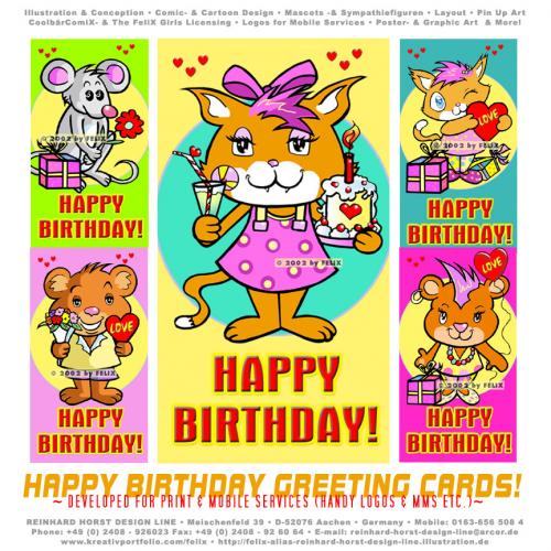 Cartoon: Happy Birthday Cards (medium) by FeliXfromAC tagged greeting,card,grußkarte,handylogo,stockart,handy,logo,mobile,services,niedliche,tiere,animals,cat,happy,birthday,geburtstag,katze,maus,