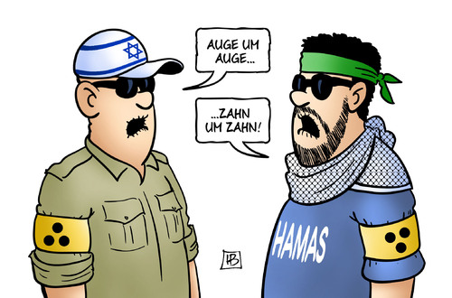 Cartoon: Israel und Hamas (medium) by Harm Bengen tagged israel,gaza,palaestina,hamas,raketen,krieg,militaer,tod,tot,blind,auge,zahn,harm,bengen,cartoon,karikatur,israel,gaza,palaestina,hamas,raketen,krieg,militaer,tod,tot,blind,auge,zahn,harm,bengen,cartoon,karikatur