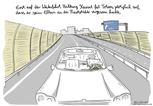 Cartoon: Richtung Kassel (medium) by H Mercker tagged rastanlage,raststätte,autobahn,tobias,auto,fahren,crashkid,eltern,erziehnung,familie,kind