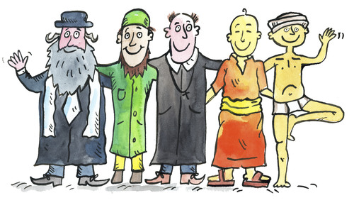 Cartoon: religion toleranz (medium) by sabine voigt tagged religion,toleranz,glauben,christen,hindus,moslems,yoga