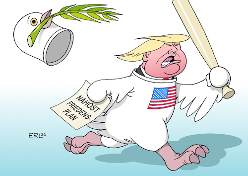 Cartoon: Trumps Nahost-Friedensplan (medium) by Erl tagged politik,nahost,konflikt,israel,palästinenser,donald,trump,präsident,usa,ankündigung,friedensplan,rechtspopulismus,säbelrasseln,angeberei,verkleidung,friedenstaube,baseballschläger,karikatur,erl,politik,nahost,konflikt,israel,palästinenser,donald,trump,präsident,usa,ankündigung,friedensplan,rechtspopulismus,säbelrasseln,angeberei,verkleidung,friedenstaube,baseballschläger,karikatur,erl