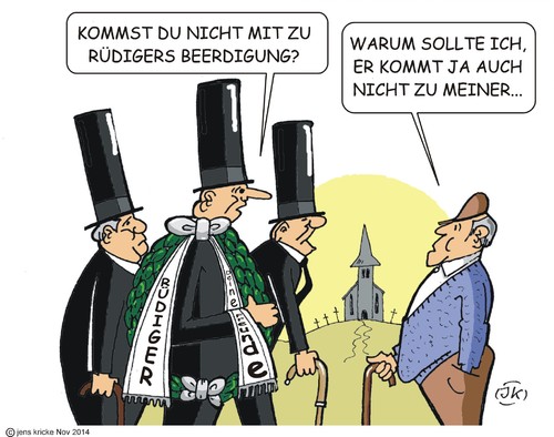 Cartoon: Rüdiger (medium) by JotKa tagged tod,alter,männer,grab,kranz,beileid,freunde,trauergäste,trauer,beerdigung,friedhof