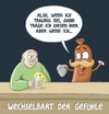 Cartoon: Aus der Wortspielfabrik (small) by Tobias Wieland tagged wortspiel,kalauer,bar,kneipe,wurst,bart,verkleidung,gefühle,emotionen