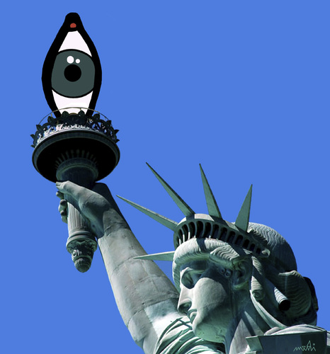 Cartoon: eye of the freedom (medium) by Medi Belortaja tagged freedom,us,usa,statue,eu,privacy,nsa,mobile,phone,fb,interenet,spying,spy,eye