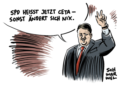 Cartoon: Gabriel SPD CETA (medium) by Schwarwel tagged ttip,ceta,verhandlung,sigmar,gabriel,freihandelsabkommen,karikatur,schwarwel,spd,ttip,ceta,verhandlung,sigmar,gabriel,freihandelsabkommen,karikatur,schwarwel,spd