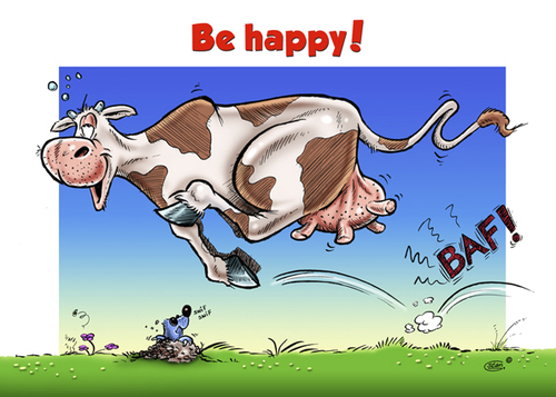 Cartoon: Spring is in the Air (medium) by Stan Groenland tagged spring,cow,happiness,happy,cartoon,funny,art,animals,greeting,cards