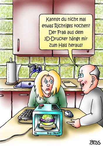 Cartoon: 3D-Drucker-Fraß (medium) by besscartoon tagged man,frau,paar,beziehung,essen,fraß,3d,drucker,bess,besscartoon