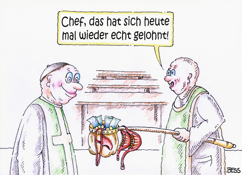 Cartoon: Kollekte (medium) by besscartoon tagged kirche,religion,kollekte,geld,pfarrer,priester,bh,slip,katholisch,bess,besscartoon
