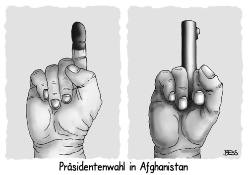 Cartoon: Präsidentenwahl in Afghanistan (medium) by besscartoon tagged afghanistan,demokratie,pistole,gewalt,anschlag,taliban,wahl,präsidentschaftswahl,präsident,politik,freiheit,bess,besscartoon