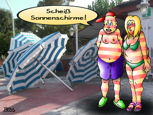 Cartoon: Scheiß Sonnenschirme (medium) by besscartoon tagged man,frau,paar,urlaub,ferien,sonne,sonnenschirm,sonnenbrand,camping,bess,besscartoon