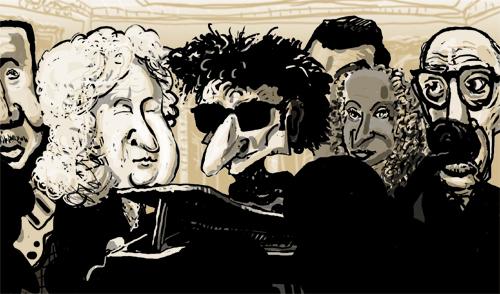 Cartoon: J.S Bach Holds a Rent Party (medium) by Dunlap-Shohl tagged music,caricature,bach,muddy,waters,dylan,django,reinhardt,cassandra,wilson,igor,stravinsky