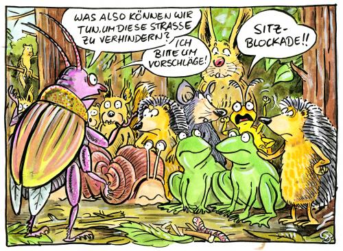 Cartoon: ... (medium) by GB tagged umweltzerstörung,tierschutz,artensterben,verkehr,erholungsgebiet,ausrottung,artenschutz,strassenbau,umweltzerstörung,tier,wald,naturschutz,tierschutz,artensterben,verkehr,erholungsgebiet,ausrottung,artenschutz,strassenbau,autobahn,landstrasse,greenpeace,roadkill,blockade,demonstration,konferenz der tiere,bürgerlicher ungehorsam,ziviler ungehorsam,ziviler widerstand,solidarität,mut,geistesblitz,protest,sturheit,aufsässigkeit,stur,aufsässig,bodenversiegelung,abholzen,plattmachen,erholung,verkehrskollaps,artenvielfalt,waldschlösschenbrücke,dresden,widerstand,gegenwehr,empörung,aufruhr,demo,demokratie,protestversammlung,demagoge,aufrührer,konferenz,der,tiere,bürgerlicher,ungehorsam,ziviler