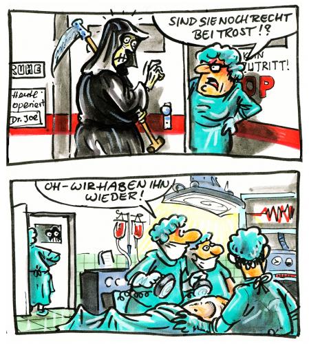 Cartoon: ... (medium) by GB tagged defillibrator,sensenmann,patient,arzt,krankenhaus,sterben,notfall,reanimation,death,operation,tod,op,klinik,klinik,krankenhaus,notoperation,operation,reanimation,notfall,sterben,arzt,patient,sensenmann,tod,gevatter tod,knochenmann,defillibrator,ärzte,doktor,leben,kritisch,zustand,unfall,unfallopfer,lebensgefahr,jenseits,nahtoderfahrung,nahtod,gevatter