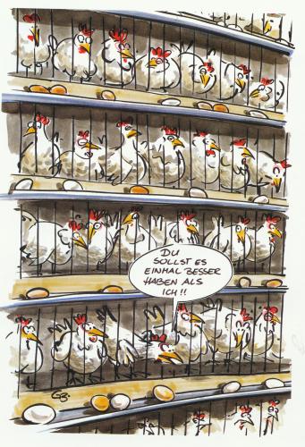 Cartoon: ... (medium) by GB tagged legehennen,henne,huhn,vogel,vögel,tiere,tier,tierhaltung,käfig,eingesperrt,gefangenschaft,käfighaltung,haltung,tierschutz,kinder,nachwuchs,familie,hoffnung,eier,ei,essen,nahrung,ernährung,tierquälerei,legebatterie,knast,frühstück,moral,ethik,wirtschaft,landwirtschaft,handel,verkauf