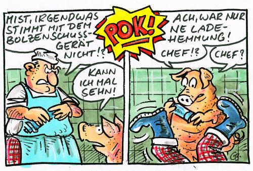 Cartoon: ... (medium) by GB tagged food,essen,und,trinken,tiere,animals,essen,nahrung,metzger,fleischerei,tiere,chef,schwein,sau,fleisch,schlachter,ladehemmung,hemmung,waffe,bolzenschussgerät,gerät,tod,sterben,unfall,hilfe,kollegial,arbeitsschutz,berufsgenossenschaft,berufsunfall,sicherheit am arbeitsplatz,unfallvermeidung,unfallverhütung,verletzung,berufsunfähigkeit,vegetarier,rache,verdrehte welt,clever,fleischlos,schock,peinlich,bedauern,versehen,panne,irrtum,fehlgriff,fehlschuß,plattschuss,volltreffer,sicherheit,am,arbeitsplatz,verdrehte,welt