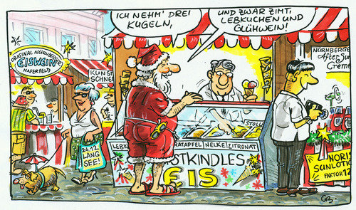 Cartoon: Christkindlmarkt im Klimawandel (medium) by GB tagged christmas,mas,nikolaus,claus,santa,christkind,weihnachten,market,christkindlesmarkt,weihnachten,weihnachtsmann,weihnachtsmark,kultur,klimawandel,globale erwärmung,eis,hitze,klima,wetter,winter,globale,erwärmung