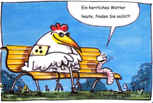 Cartoon: Nice Day (medium) by GB tagged chicken,huhn,animals,tiere,wurm,wetter,sonne,,huhn,tiere,wurm,wetter,sonne,parkbank,hahn,blind,behinderung,blindes huhn,handicap,sehbehindert,schadenfreude,wetterumschwung,ahnungslos,erleichterung,korn,pferdervieh,geflügel,hühnerhof,agrarsubventionen,glück,zufriedenheit,friede,eintracht,freude,harmonie,schöner tag,blindes,schöner,tag