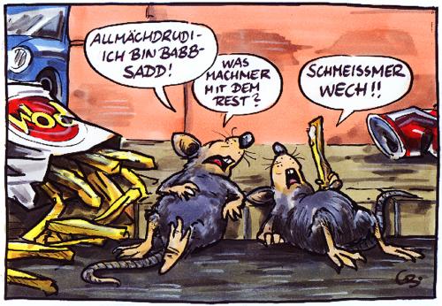 Cartoon: Ohne Worte (medium) by GB tagged hunger,gesellschaft,überfluss,ernährung,tiere,tiere,ernährung,überfluss,gesellschaft,nahrung,essen,verschwendung,mäuse,ratten,gerechtigkeit,verteilung,armut,reichtum,pommes,frittes,satt,voll,lebensmittel,adipös,übergewicht,übergewichtig,fettsucht,vollgefressen,konsum,reststoff,überflussgesellschaft,konsumgesellschaft,konsumverzicht,recycling,tierversuche,verbraucherschutz,lebensmittelkrise,fritten