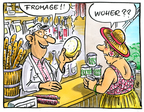 Cartoon: Urlauber (medium) by GB tagged phonetik,missverständnis,übersetzung,französisch,sprache,ferien,tourist,vacance,hollyday,urlaub,urlaub,tourist,ferien,sprache,französisch,übersetzung,missverständnis,phonetik,tourismus,erholung,käse,frankreich,lebensmittel,nahrung,essen,verkauf,handel,ausland,ausländer