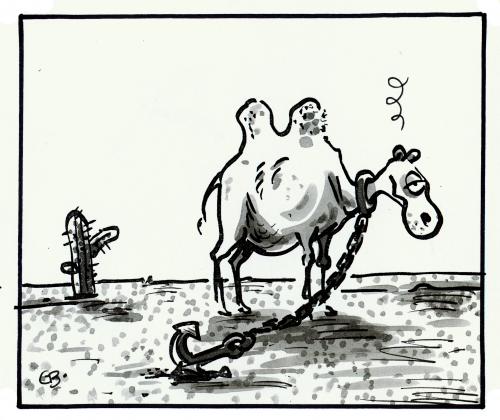 Cartoon: Wüstenschiff (medium) by GB tagged tiere,animals,dessert,wüste,ship,seefahrt,tiere,wüste,seefahrt,anker,kette,angekettet,kamel,reise,wüstenschiff,seekrank,ankern,karawane,durst,falscher dampfer,sahara,gobi,scheich,trampeltier,dromedar,oase,falscher,dampfer