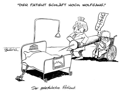 Cartoon: Der griechische Patient (medium) by Mario Schuster tagged karikatur,cartoon,mario,schuster,angela,merkel,wolfgang,schäuble,politik,griechenland