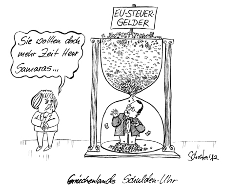 Cartoon: Griechenlands Schulden-Uhr (medium) by Mario Schuster tagged karikatur,cartoon,mario,schuster,angela,merkel,samaras,politik,griechenland