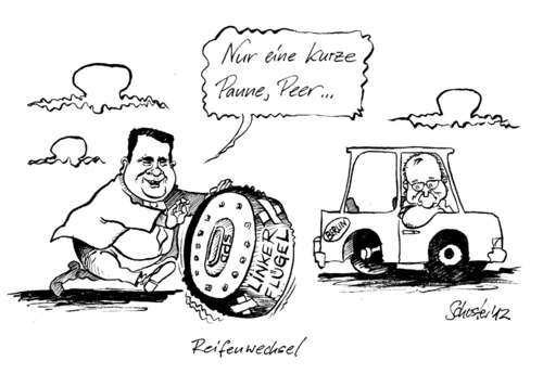 Cartoon: Reifenwechsel (medium) by Mario Schuster tagged karikatur,catoon,mario,schuster,steinbrück,gabriel,spd,kanzlerkandidat,merkel