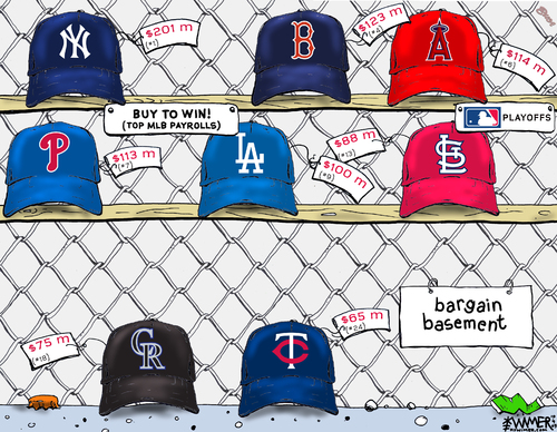 Cartoon: Bargain Basement Baseball (medium) by karlwimer tagged baseball,mlb,sports,business,payroll,playoffs,yankees,dodgers,red,sox,cardinals,angels,phillies,twins,rockies,rocktober,bargain