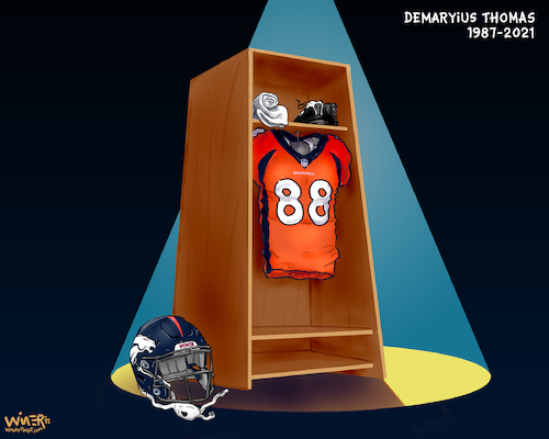 Cartoon: Demaryius Thomas Bronco Memorial (medium) by karlwimer tagged sports,cartoon,nfl,american,football,denver,broncos,demaryius,thomas,memorial,locker