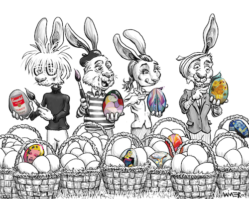 Cartoon: Easter Egg Artist create caption (medium) by karlwimer tagged easter,egg,artist,painting,warhol,picasso,okeefe,van,gogh,rabbits