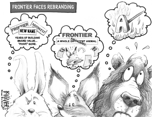 Cartoon: Frontier Rebrand (medium) by karlwimer tagged airline,frontier,animals,rabbit,fox,bear,republic,midwest,business,economics,us