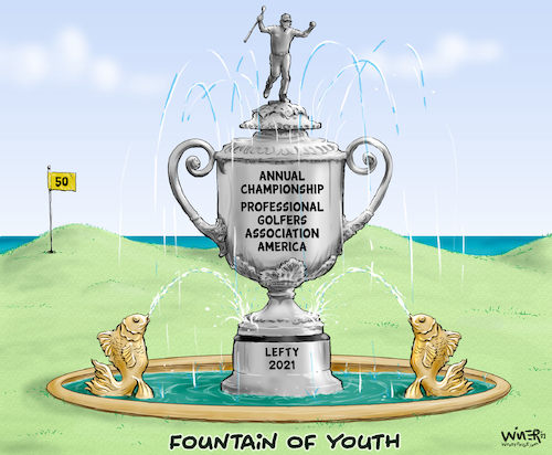 Cartoon: Golf Fountain of Youth (medium) by karlwimer tagged golf,united,states,phil,mickelson,pga,championship,trophy,fountain,of,youth,sports