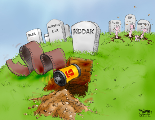 Cartoon: Kodak Dirtnap (medium) by karlwimer tagged business,kodak,economics,photos,industry,bankruptcy,film
