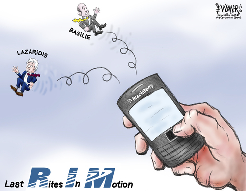 Cartoon: Last Rites in Motion (medium) by karlwimer tagged blackberry,rim,basilie,lazaridis,technology,business,smartphone