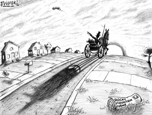 Cartoon: Rocky Sunset (medium) by karlwimer tagged newspaper,denver,industry,business,profitability,mountains,fight,survival,colorado,sunset,cart,buggy,horse,carriage